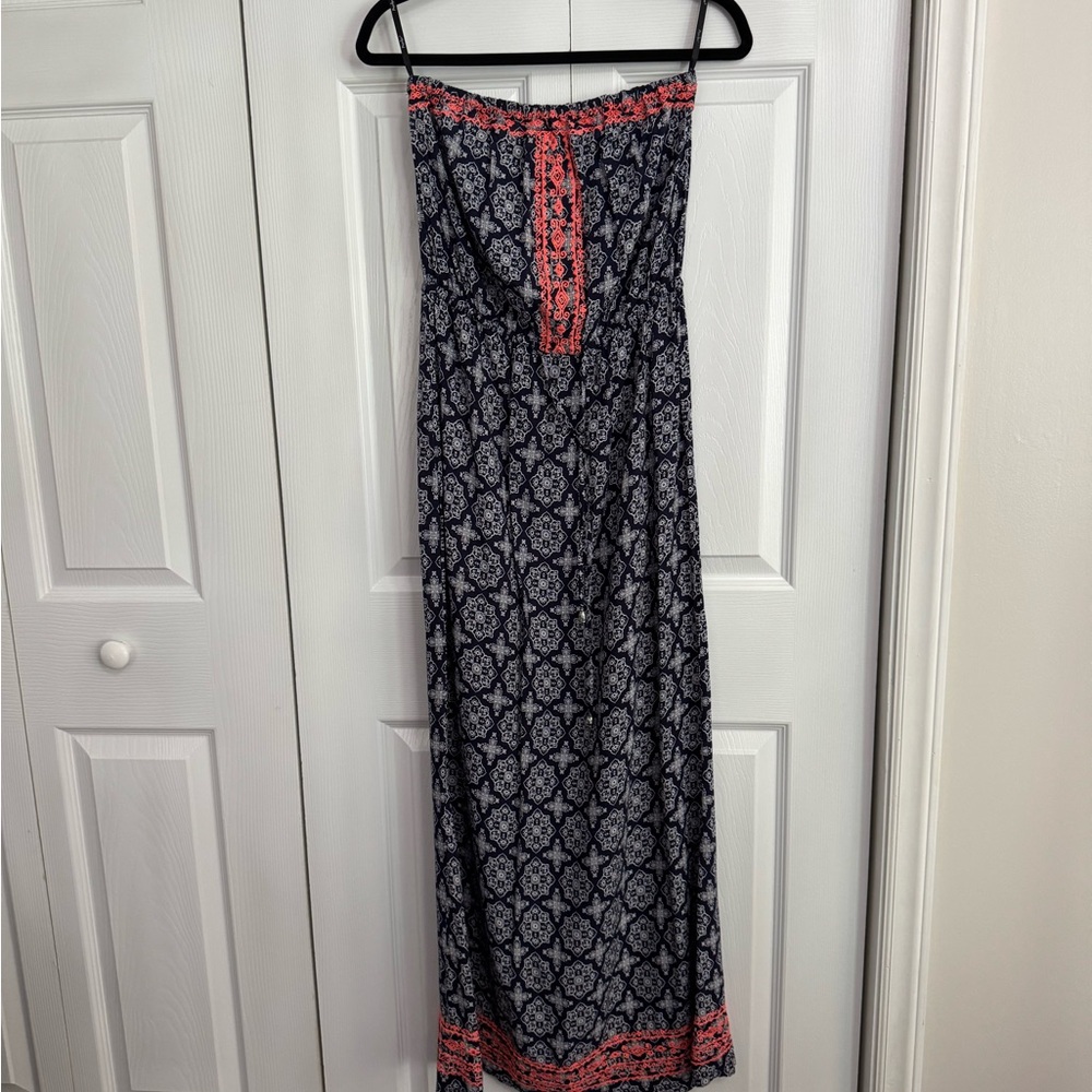 Elegant Strapless Maxi Dress - Navy and Pink